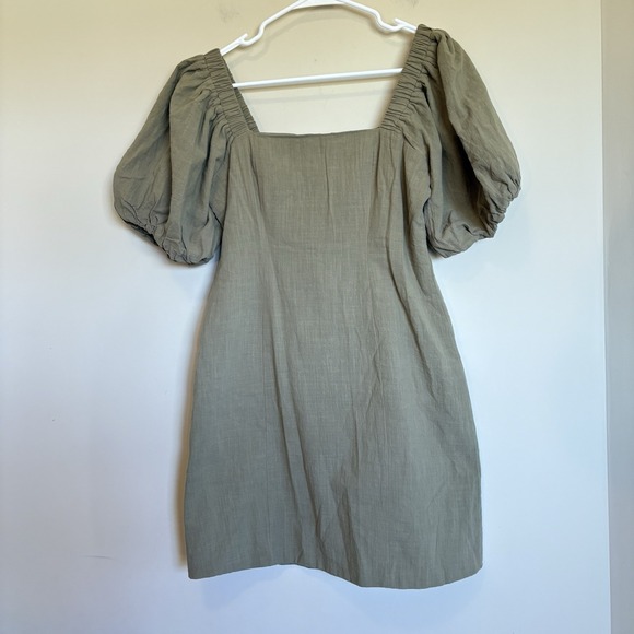 SNDYS Revolve Dress L Olive Tuscany Linen Mini Puff Sleeves Cottagecore Party - Picture 2 of 10